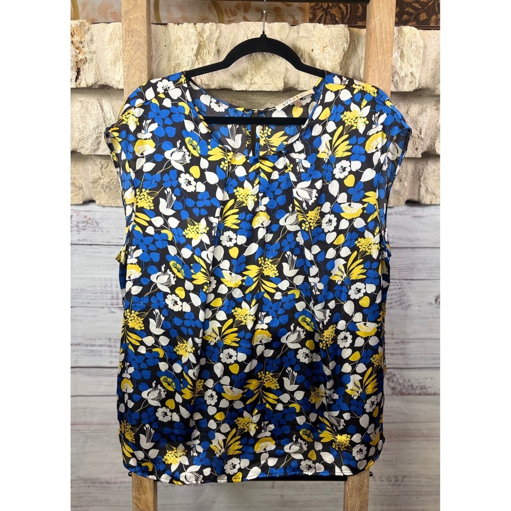 Kasper Women XL Blue Yellow Floral Pleated Cap Sleeve Blouse Top Keyhole Back - Picture 2 of 9